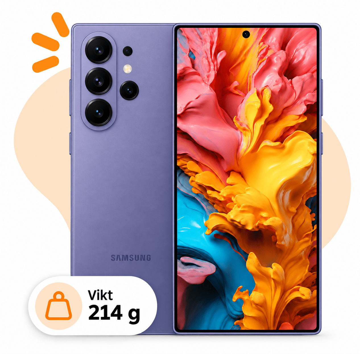 Samsung Galaxy S26 Ultra i Cobalt Violet, vikt 214 g