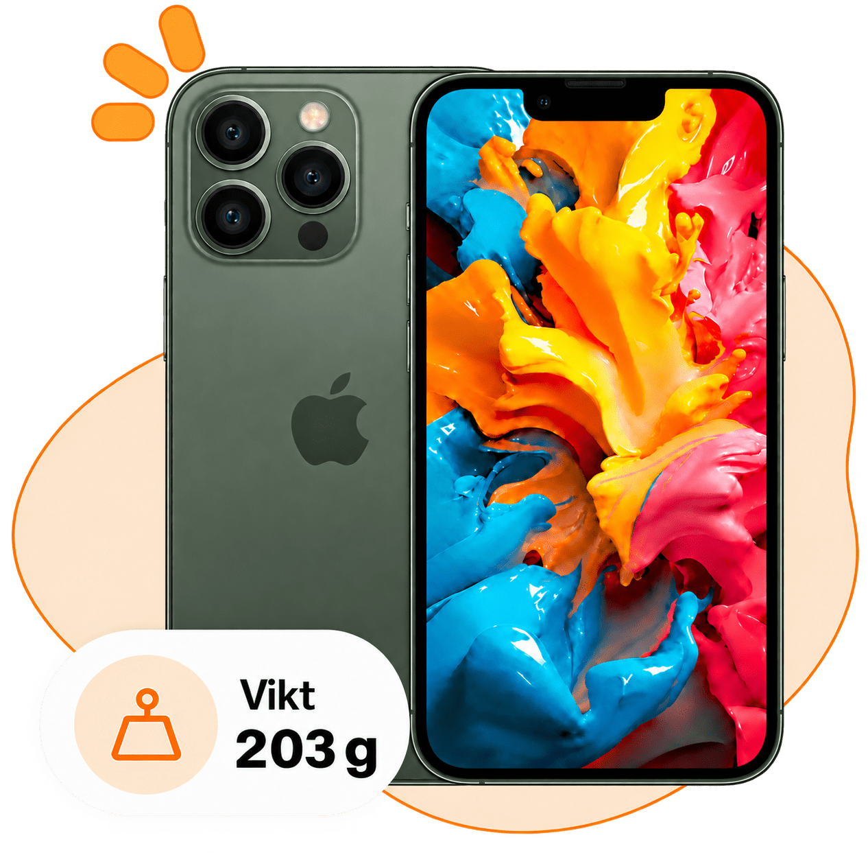 iPhone 13 Pro i alpingrönt, vikt 203 g