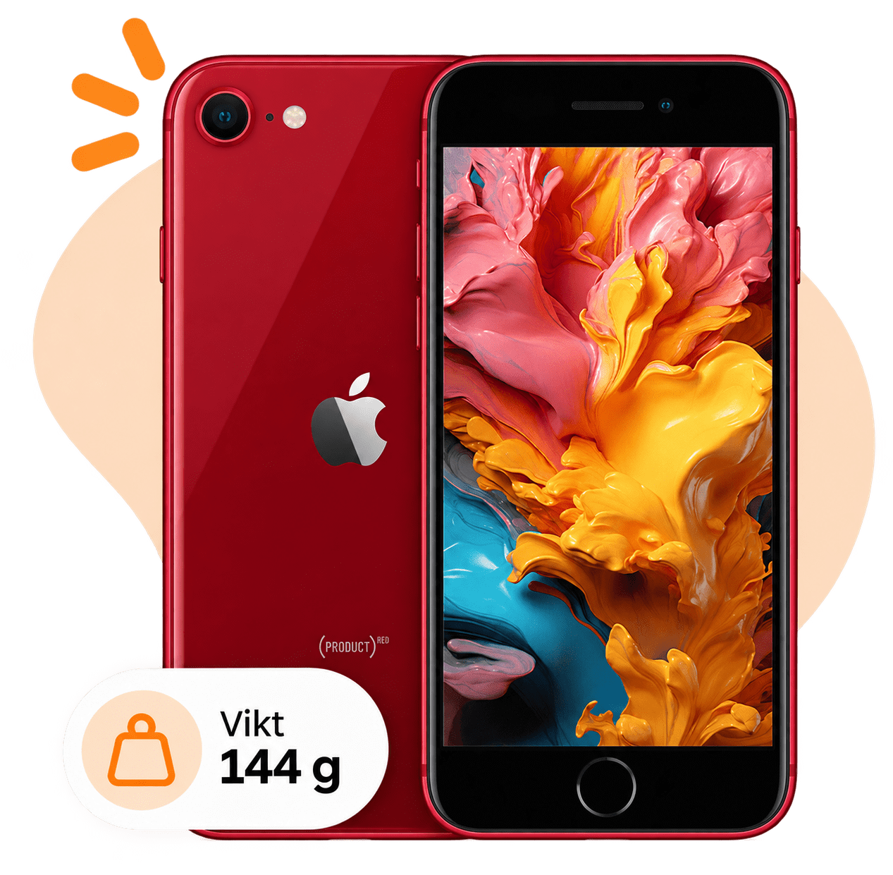 iPhone SE 2022 i rött, vikt 144 g